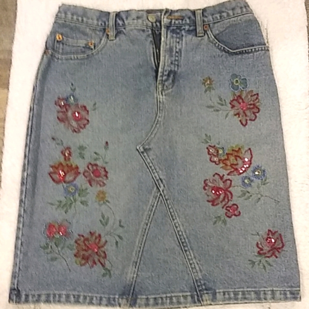 Small vintage denim skirt with beading and sequins